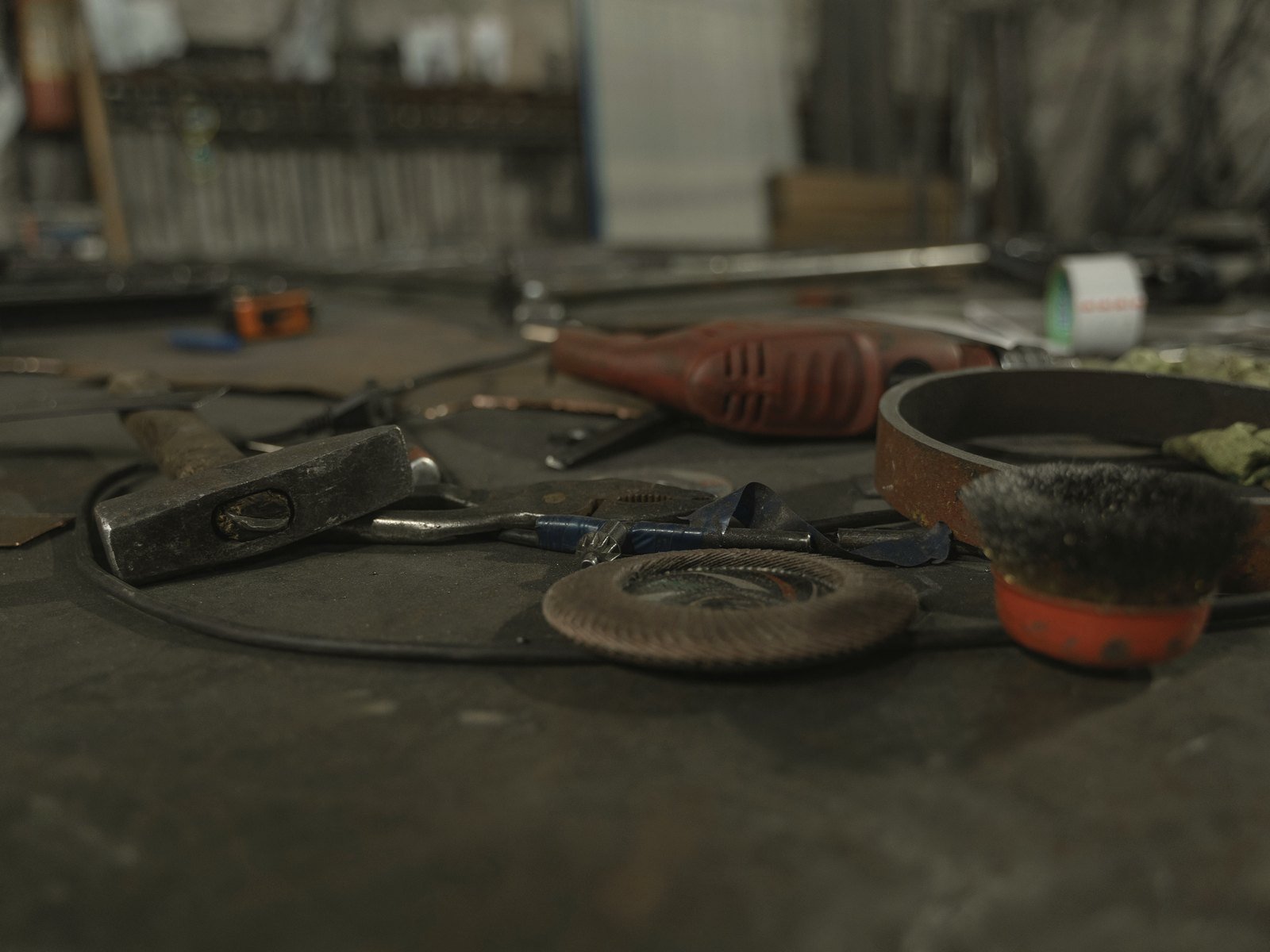 Hand tools laid out on a workbench